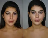 Split image showing a woman's face before and after makeup application.