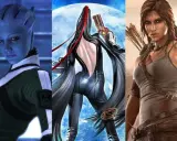 Trzy ikoniczne postacie z gier: niebieskoskóra Liara T'Soni, seksowna Bayonetta i dzielna Lara Croft.