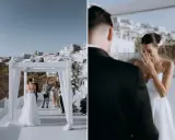 Wzruszona panna młoda ociera łzy podczas ceremonii na Santorini. Choć nie mam świadków na ślub, czuję się kochana.