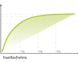 Grafik zeigt, wie Muskelaufbau mit Eiweißaufnahme steigt. Ab 2g Protein pro kg Körpergewicht flacht die Kurve ab.