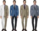 Four men model different suit combinations. One suit features dark green plaid, another is blue plaid, and a third is a tan plaid.