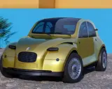 Un Citroën 2CV 2026 futurista, color dorado, con techo panorámico, frente a una pared azul y amarilla.