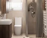 Moderne Ideen für ein kleines Bad: Waschtisch mit Holzunterschrank, weiße Toilette, Dusche mit Vorhang und Heizkörper.