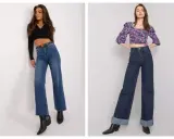 Dwie kobiety prezentują modne stylizacje z jeansami. Jedna w jasnych dzwonach i czarnym topie, druga w granatowych szerokich jeansach i kwiecistej bluzce.