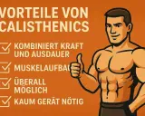 Vorteile von Calisthenics: Muskelaufbau, Kraft & Ausdauer, überall möglich, kaum Gerät nötig. Ein muskulöser Mann gibt Daumen hoch.