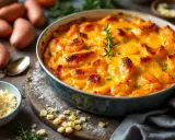 Un délicieux gratin patate douce doré et gratiné, garni de romarin frais. Des patates douces crues et du fromage râpé sont disposés autour.