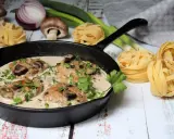 Ein köstliches Schnitzelpfanne Rezept mit cremiger Pilzsoße in einer Gusseisenpfanne, garniert mit Petersilie. Daneben liegen frische Pasta-Nester, Pilze und Lauch.