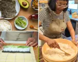 Przygotowanie ryżu do sushi: składniki, zwijanie rolki i mieszanie ryżu w drewnianej kadzi.