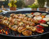 Plusieurs brochettes de poulet grillées, accompagnées de légumes comme des oignons, poivrons et courgettes, cuisent sur un barbecue.