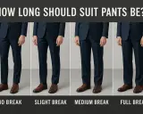 Four men's suits show how long should dress pants be, from no break to full break, illustrating pant hem length.
