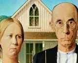 A farmer and his wife stand stoically before their farmhouse, a classic American Gothic painting.