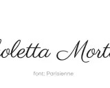 Napis "Nikoletta Mortecka" w eleganckiej czcionce pisma odręcznego. Poniżej informacja o foncie: Parisienne.