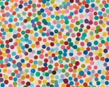 A vibrant canvas filled with colorful dots, a signature of Damien Hirst's "The Currency" series.