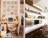 Deux bureaux modernes pour une **idée déco bureau travail** : l'un avec des photos encadrées et une plante, l'autre avec des étagères lumineuses et un ordinateur.