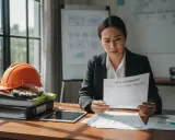 Une femme examine un questionnaire "Risk Assessment", peut-être pour un questionnaire risque pro AMELI. Casque de chantier et gants à proximité.
