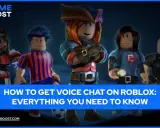 Pięciu graczy Roblox w różnych strojach, gotowych do rozmowy przez voice chat.
