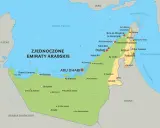 Mapa Zjednoczonych Emiratów Arabskich z zaznaczonymi miastami jak Dubaj, Abu Zabi, Szardża i Al Ain.
