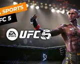 Zwycięski wojownik UFC na tle areny, logo EA SPORTS UFC 5.
