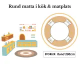 En illustration av ett kök med skåp och hyllor, samt en rund matta och en ritning av ett runt matbord med stolar.