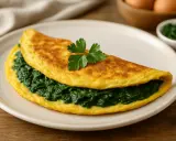 Złocisty omlet ze szpinakiem, udekorowany natką pietruszki, czeka na talerzu.