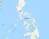 Mapa Filipin z zaznaczonymi wyspami Palawan i Bohol.