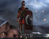 Rzymski legionista z tarczą w kształcie wilka, gotowy do walki w **Total War Arena**. Na niebie płoną pochodnie.