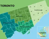 Kolorowa mapa Toronto podzielona na dzielnice, z zaznaczonymi obszarami Etobicoke York, North York, Scarborough i Toronto East York. W rogu mapa Kanady z zaznaczonym Toronto.