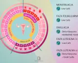 Schemat przedstawia fazy cyklu miesiączkowego: menstruację, fazę folikularną, owulację i fazę lutealną, z sugerowanymi dietami.