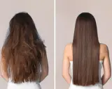 Prima e dopo: capelli disidratati e spenti trasformati in una chioma lucente e sana.