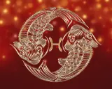 Złote ryby, symbol zodiaku, unoszą się w tle pełnym ciepłych, migoczących świateł. To znak, który często kojarzony jest z intuicją i marzeniami, a dla niektórych może symbolizować szczęśliwe liczby.