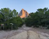 Inicio de la ruta al Puig Campana. Señales y camino rocoso entre pinos, con la imponente montaña iluminada al fondo.