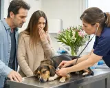 Un couple inquiet observe le vétérinaire ausculter leur chien, craignant une intoxication au laurier rose.