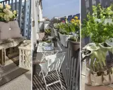 Idee per arredare un balcone stretto e lungo: seduta in pallet, tavolino pieghevole, fiori e attrezzi da giardinaggio.