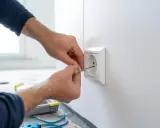 Händerna skruvar i en elkontakt. Säkerhetsbrytare inkoppling pågår för att säkerställa trygg elanvändning.