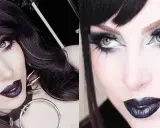 Mujer con maquillaje gótico: ojos dramáticos con sombras moradas y delineado, labios oscuros y pelo negro.
