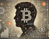 Sylwetka głowy wypełniona kodem binarnym i symbolem Bitcoina, z napisem "Satoshi Nakamoto" i monetami Bitcoin.