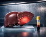 Fegato umano con un'area luminosa e una provetta di sangue. L'immagine evoca il concetto di esacerbazione, significato di peggioramento di una condizione.