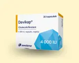 Opakowanie leku Devikap 4000 IU, zawierające 30 miękkich kapsułek cholekalcyferolu.