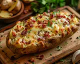 Pomme de terre farcie au fromage fondant et lardons croustillants, garnie de persil frais. Un délice réconfortant.