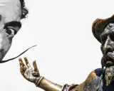 Volto stilizzato di un artista spagnolo famoso, Salvador Dalí, accanto a una statua di Don Chisciotte.