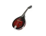 Une mandoline instrument de musique, avec son corps en bois rouge et noir, prête à jouer une mélodie entraînante.