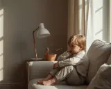 Chłopiec siedzi na kanapie, zamyślony i zamknięty w sobie. Światło z okna pada na jego twarz, podkreślając jego samotność.