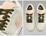 Beżowe sneakersy z brzoskwiniowymi detalami i zielonymi sznurówkami. Logo Jumpman na języku i wkładce. Czy Jordan to Nike? Tak, to ikona stylu.