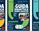 Copertine di libri scolastici "La Guida Didattica Fabbri Erickson" per scuola primaria, con bambini e insegnanti che usano un tablet. Offrono percorsi e strumenti per laboratori creativi.