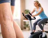 Kobieta ćwiczy na rowerku stacjonarnym, poprawiając krążenie i walcząc z żylakami.