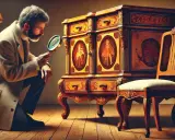 Un homme examine une commode aux caractéristiques style Louis XV, ornée de marqueterie et de sculptures. Une chaise assortie se trouve à côté.