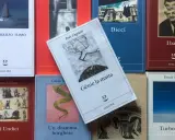 Libri Adelphi in primo piano, tra cui "Génie la matta" di Inès Cagnati, con un albero spoglio su sfondo grigio.