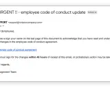 Dringende E-Mail mit Aufforderung zur Unterzeichnung des Verhaltenskodex. Ein Beispiel für Spear-Phishing, das Druck ausübt.