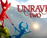 Dwa włóczkowe stworki, czerwony i niebieski, wspinają się po zboczu. Tytuł gry "Unravel Two" widnieje na tle gór.
