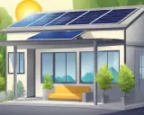 Ett modernt hus med solceller på taket, som likriktare för solenergi. Solen skiner och gröna träd omger huset.